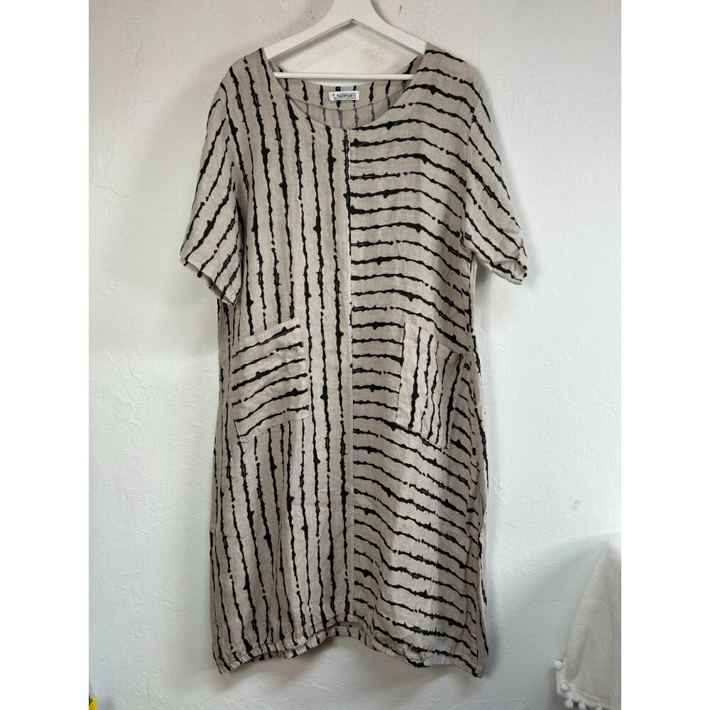 Transparente Women’s Size 1 Black Ivory Striped Linen Shift Dress Front Pockets